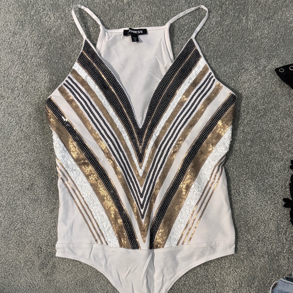 Express Gold and Black Sequin Bodysuit